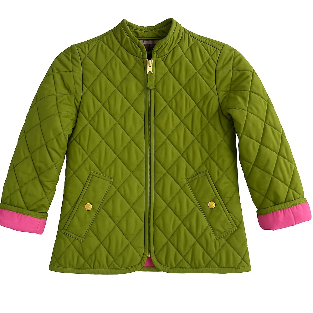 Lands’ End Girls Sz 5 Quilted Barn Jacket Green w/ Pink Lining Fall Jacket